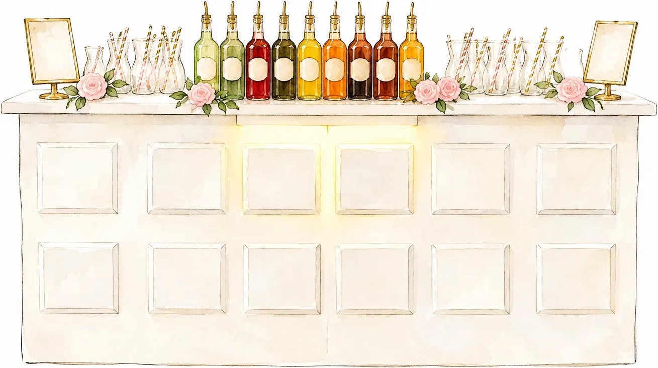 Le bar mobile Débo Mojito, façade blanche à caissons, garnie de bouteilles de sirop et de roses, peint à l’aquarelle